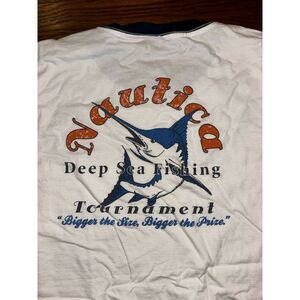 Nautica Swordfish Deep Sea Fishing "Hooking‎ Up" Pocket Ringer T-Shirt Mens L